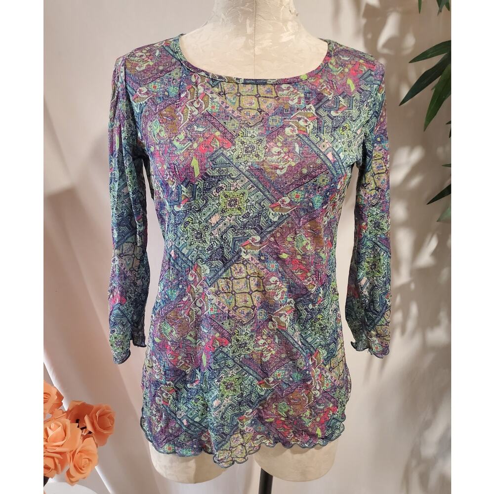 Vtg Snoskins Mesh Lettuce Hem 3/4 Sleeve Top Size S Neon Boho Geo Print 90s Y2K